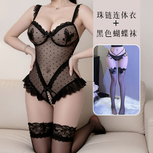 Private Moon Sensual Lace Bodysuit - Sheer Mesh Night Butterfly Fantasy Outfit - bodysuit + black bow and black stockings