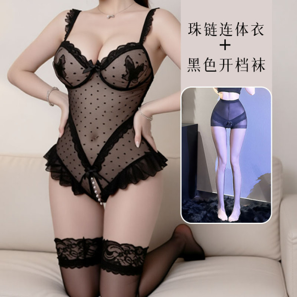 Private Moon Sensual Lace Bodysuit - Sheer Mesh Night Butterfly Fantasy Outfit - bodysuit + black open-crotch socks
