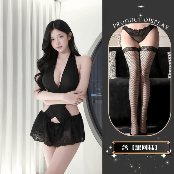 QQNY Pure Allure Sleepwear Set – Elegant Sensual Lingerie for Women, Luxury Bedroom Wear with Soft Lace & Silky Fabric - bodysuit + black fishnet stockings
