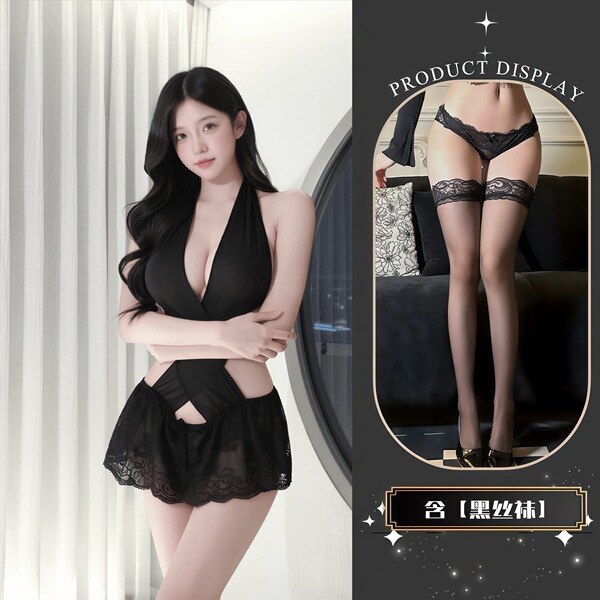 QQNY Pure Allure Sleepwear Set – Elegant Sensual Lingerie for Women, Luxury Bedroom Wear with Soft Lace & Silky Fabric - bodysuit + black stockings