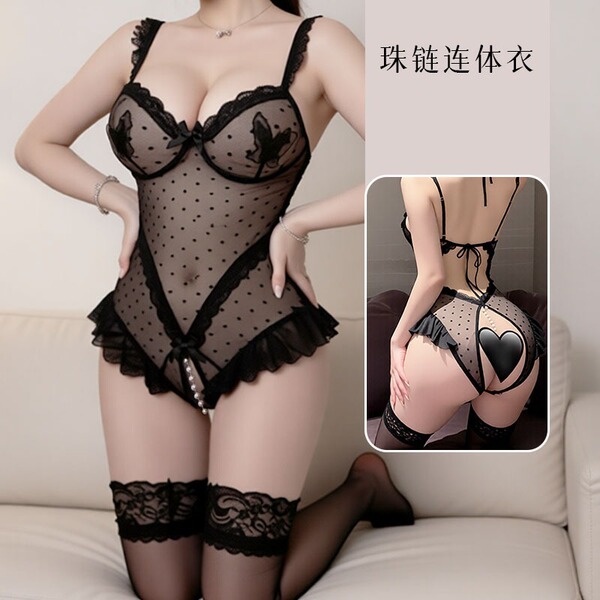 Mannyqing Dark Night Pearl Chain Lace Bodysuit - Sheer Mesh Sensual Babydoll Set for Women - Onesie (socks not included)