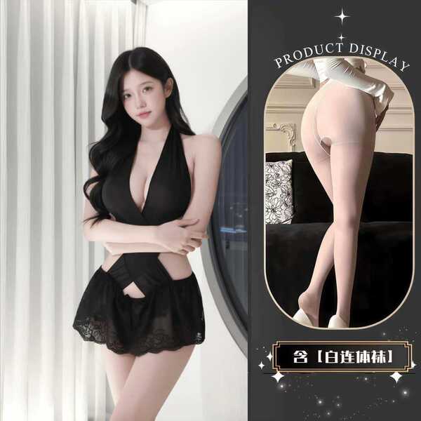 QQNY Pure Allure Sleepwear Set – Elegant Sensual Lingerie for Women, Luxury Bedroom Wear with Soft Lace & Silky Fabric - bodysuit + white open-crotch socks