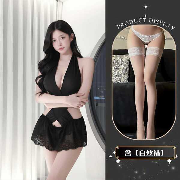 QQNY Pure Allure Sleepwear Set – Elegant Sensual Lingerie for Women, Luxury Bedroom Wear with Soft Lace & Silky Fabric - bodysuit + white stockings
