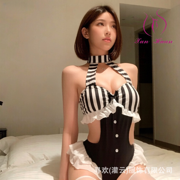 Seductive Striped Lingerie Sleepwear Set - Busty Maid Costume for Role Play & Nightclub Outfits - bodysuit + white stockings