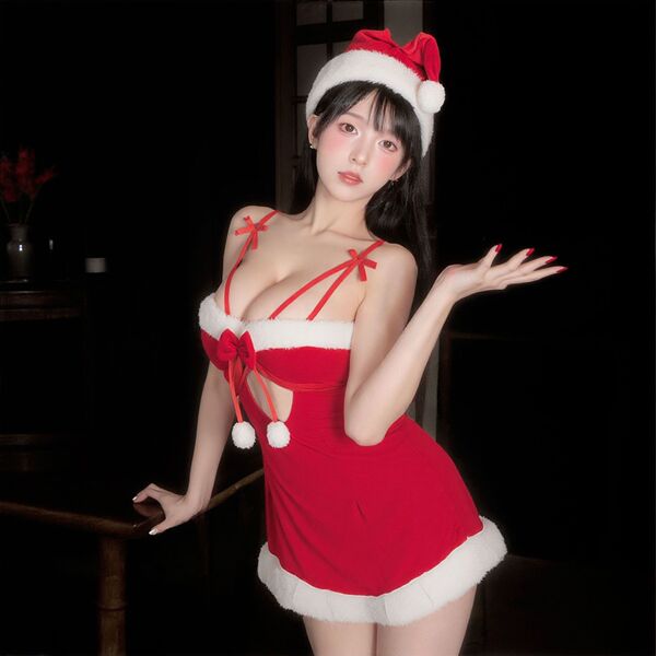 Sexy santa-themed velvet sleep dress with festive hat, perfect for new year eve role play and holiday celebrations.