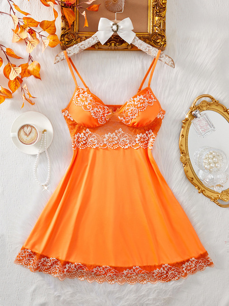 Sexy Black and White Lace Sleep Dress for Women – Backless Romantic Lingerie Nightgown - orange color