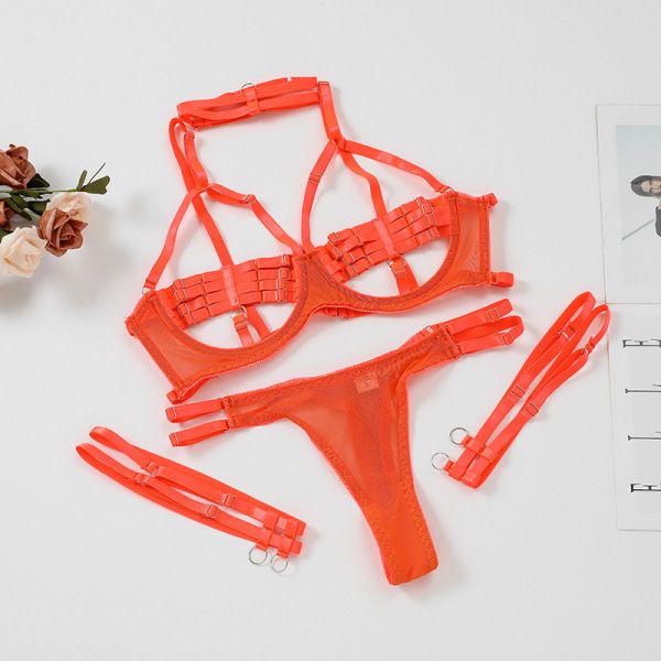 European and American style see-through lingerie four-piece set - Sexy Lingerie Set with Sheer Mesh & Lace, Provocative  - orange color