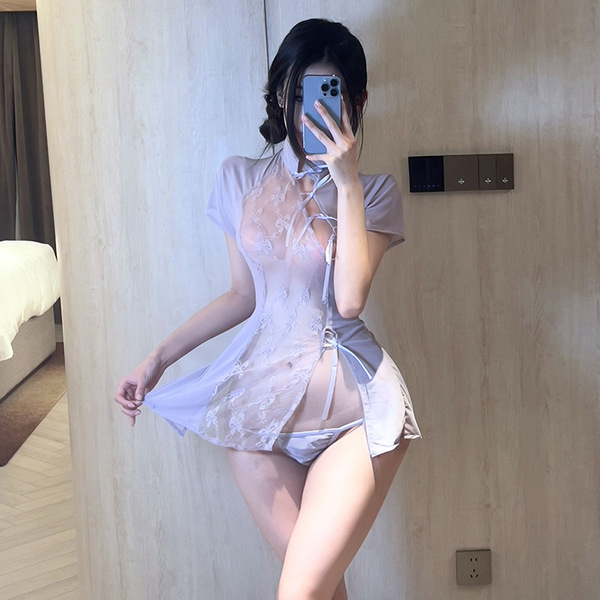 Vintage Chinese-Style Lingerie Set - Embroidered Lace Cheongsam Mini Dress with Backless & Tied Straps - ◆Oriental Beauty◆ Taro Purple 【Cheongsam + T-shirt】
