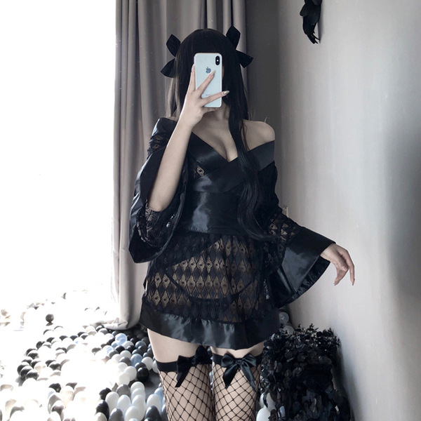 Sexy oshilin japanese lace kimono lingerie set - gothic maid costume for role play, featuring black lace details and fishnet ...