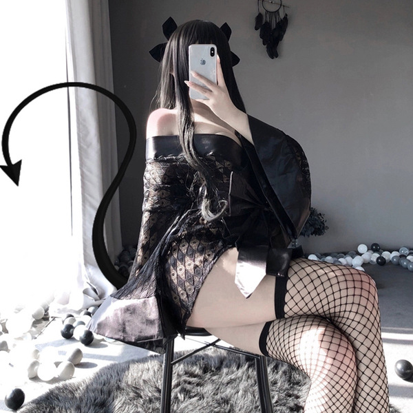 Sexy oshilin japanese lace kimono lingerie set with fishnet stockings for cosplay maid role play, perfect for enthusiasts.