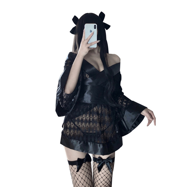 Sexy oshilin japanese lace kimono lingerie set - black off-the-shoulder top with , , , , 。