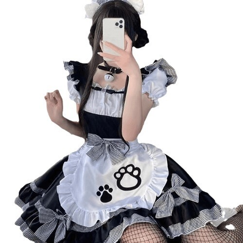 Oushilin adorable anime lolita dress - cute pure-yuri maid costume with cat ears & tail roleplay outfit featuring ruffled sle...