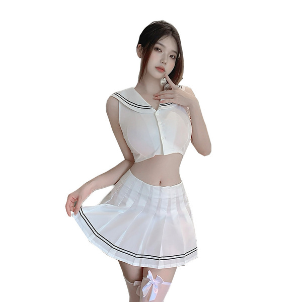 A stylish white sailor uniform set featuring a crop top and pleated skirt, perfect for a playful and feminine look.