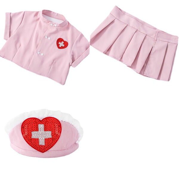 Oushilin sweet nurse costume set featuring a pink blouse with buttons and heart emblem, pleated skirt, nurse cap with red cro...