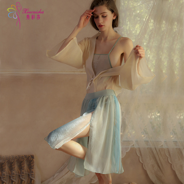 Dunhuang-Inspired Sheer Lingerie Set - Chinese Hanfu-Style Erotic Sleepwear for Women, No-Remove Design - 【1029】Outerwear + halter top + long skirt + thong