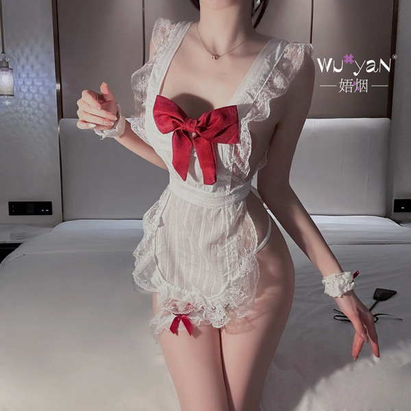 Pure Temptation Lingerie Set for Women – Sexy Maid & Nurse Costume Sleepwear, Busty Illusion Nightgown - Black maid + white stockings + p1