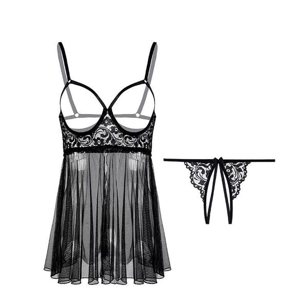 Passion midnight lace sleep set: sheer mesh babydoll with open-crotch design and adjustable straps, paired with matching lace...