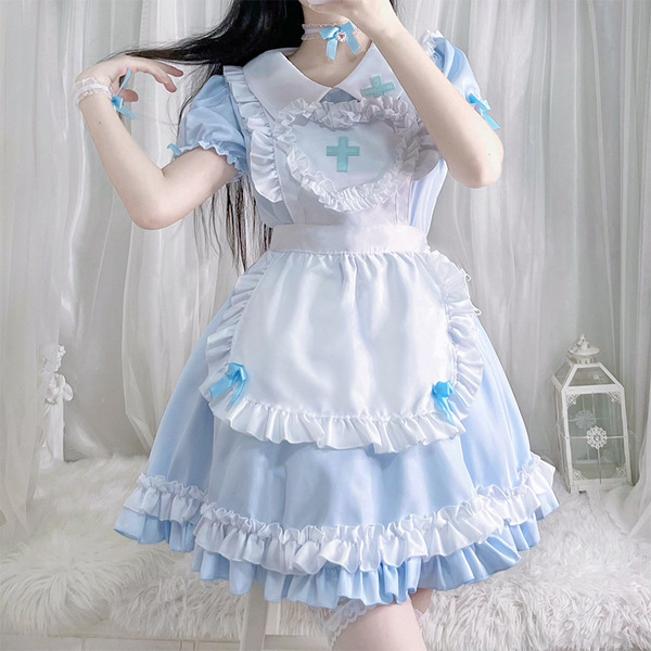 S5XL Japanese Maid Dress - Cute Anime Cosplay Costume for Women, Classic Short-Sleeve Maid Outfit - Milk blue [skirt + apron + necklace + bracelet + leggings + headpiece]
