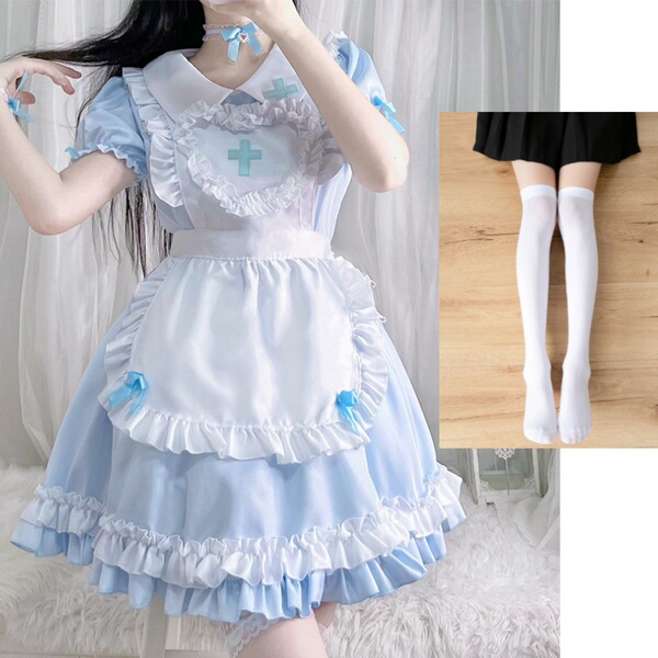 S5XL Japanese Maid Dress - Cute Anime Cosplay Costume for Women, Classic Short-Sleeve Maid Outfit - Milk blue + white socks + petticoat