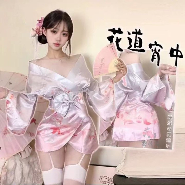Japanese Kimono Lingerie Set - Sexy Yami Kawaii Costume for Role Play & Sleepwear - Gradient pink [Kimono + Obeisise + T-shirt]