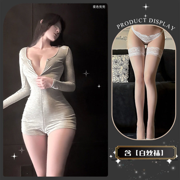 Chao Mu Sensual Lingerie Set - Sexy Sheer Lace Nursing Yoga Outfit with Front Zip & Open-Crotch Design - Sweet Peach Cheese * Gray + White Stockings