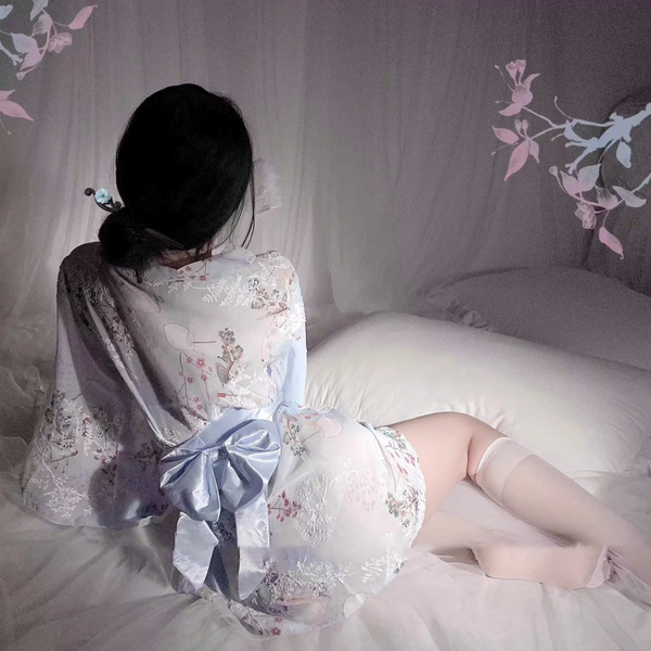 Japanese-Inspired Sheer Kimono Sleep Dress - Sexy Pure & Alluring Women's Open-Front Robe Lingerie Set - Peacock Blue
