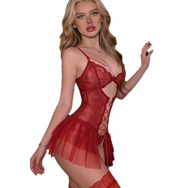 Luxury pearl-embellished lingerie set featuring sensual strapless design, delicate lace, and massage detail for elegant night...
