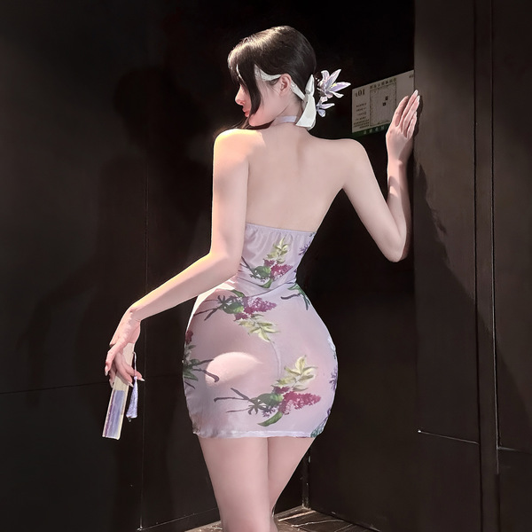 Elegant design featuring a luxurious pearl embellishment on a qipao-style dress with a seductive split-back and peek-a-boo bu...