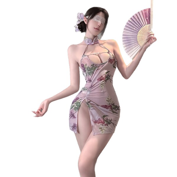 Elegant design featuring a luxurious pearl embellishment on a qipao-style dress with a seductive split-back and peek-a-boo bu...