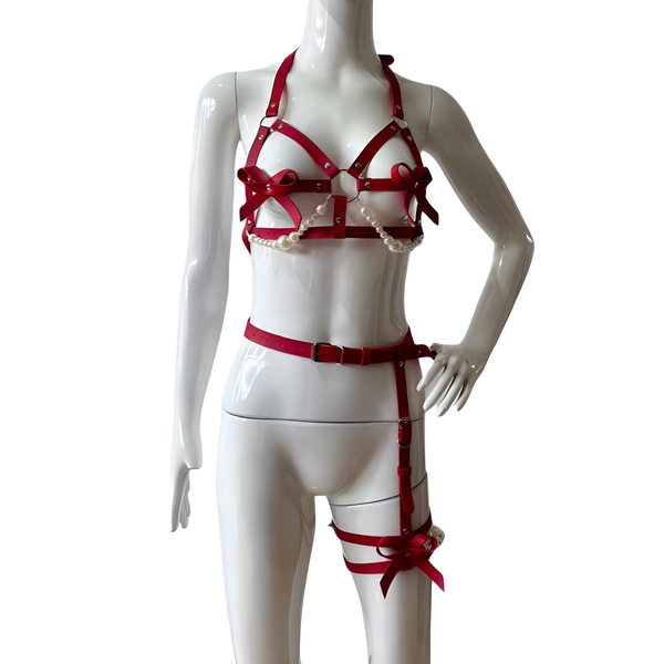 Sexy pearl leather corset set featuring bustier with bows and waist trainer, perfect for couples body shaping lingerie.