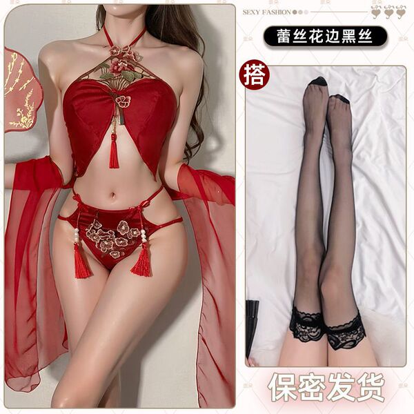 Red Lace Chinese-Inspired Busty Sleepwear - Sexy Hanfu-style Belly Dance Doudou with Tassels & Adjustable Ties - Flowers in full bloom, symbolizing wealth and prosperity + black stockings
