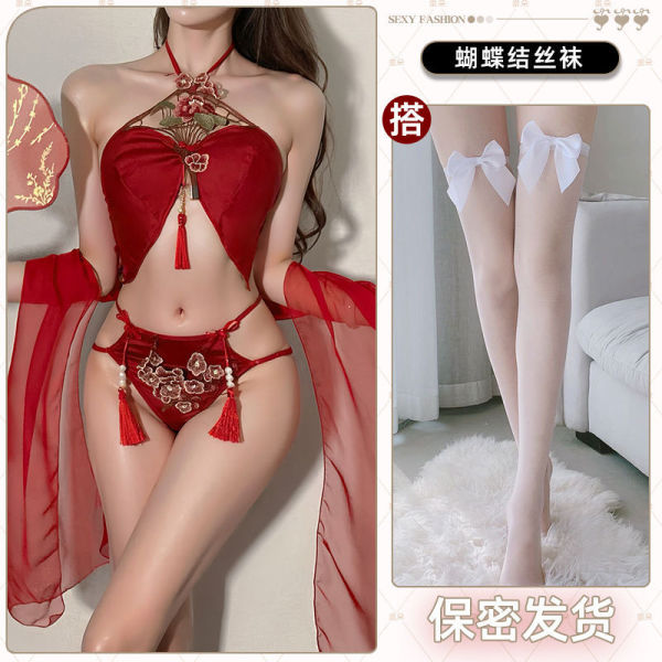 Red Lace Chinese-Inspired Busty Sleepwear - Sexy Hanfu-style Belly Dance Doudou with Tassels & Adjustable Ties - Flowers in full bloom, symbolizing wealth and prosperity + white bow-tie stockings