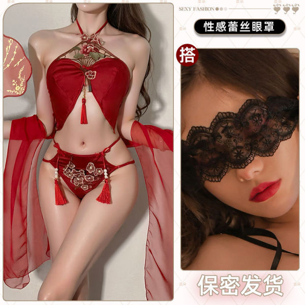 Red Lace Chinese-Inspired Busty Sleepwear - Sexy Hanfu-style Belly Dance Doudou with Tassels & Adjustable Ties - Flowers in Full Bloom + White Embroidered Eye Mask