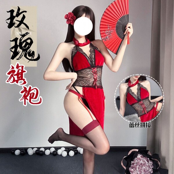 Exotic Lace Sheer High-Waist Split Cheongsam Lingerie Set – Rose Dance Queen Costume - Image Set