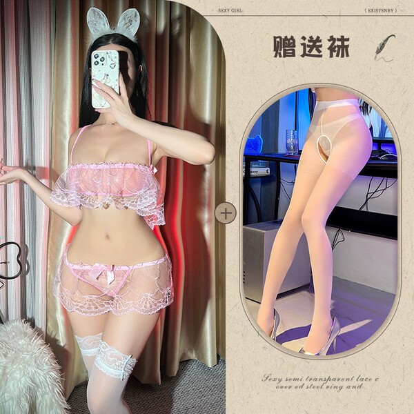 Women's Sexy Lace Babydoll Set - Sheer Mesh Open-Crotch Sleepwear for Intimate Nights - Pink and white open-crotch socks
