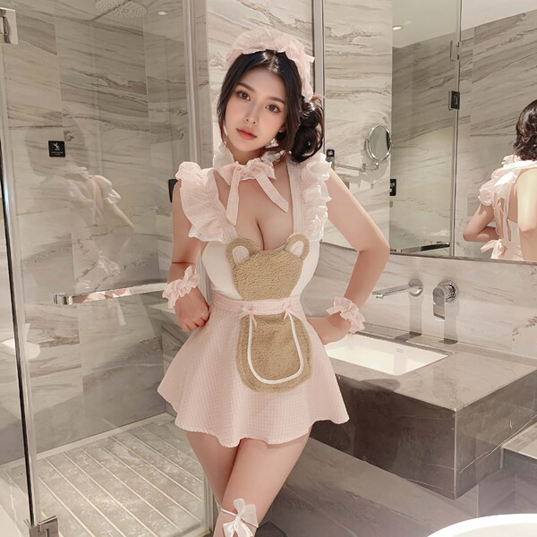 Flirty Plus Size Maid Costume - Busty Sexy Chef & Housemaid Outfit with Black Stockings & Playful Lingerie Vibes - Pink Bear Outfit [Open Crotch Bodysuit + Apron + Headband + Neck Ring + 2 Sleeves] (Socks not included)