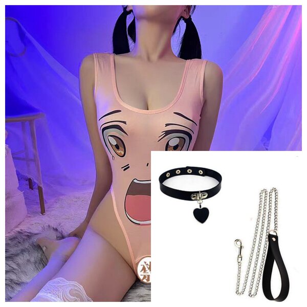 Sexy Lace Lingerie Set with Sheer Stockings & Matching Chemise - Seductive Sleepwear Outfit for Women - Pink big eyes + leash