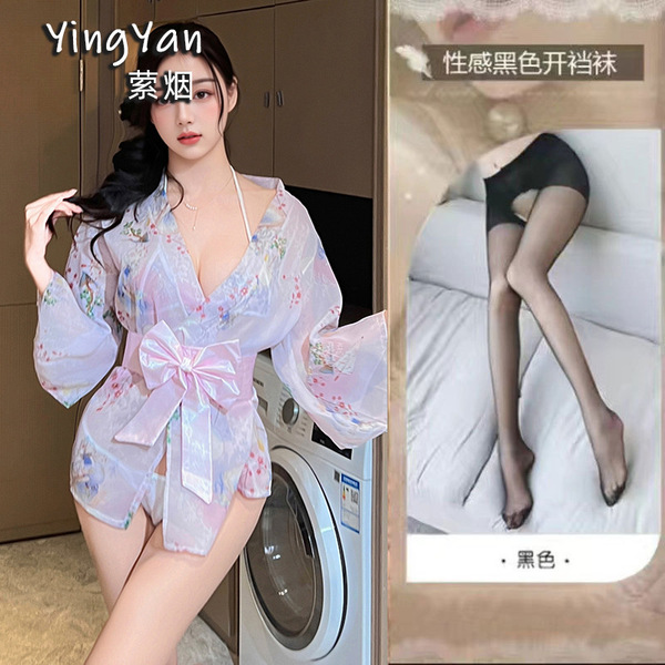 Japanese-Style Lace Kimono Set - Sexy Bow-Tie Sheer Robe & Matching 3-Piece Outfit for Women - 0833 Pink + Black Open Crotch Stockings