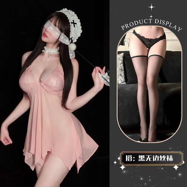 QQNY Pure Allure Sleepwear Set – Elegant Sensual Lingerie for Women, Luxury Bedroom Wear with Flirty Feminine Charm - Pink + Black Boundless Stockings