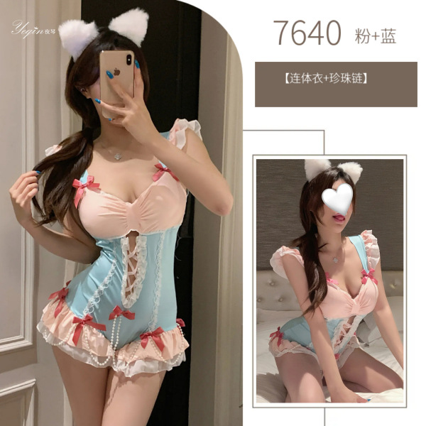 Pure & Tempting Sheer Lace Bodysuit for Women - Cute Tight-Fit Seductive Lingerie with Open-Crotch Design - Pink + Blue