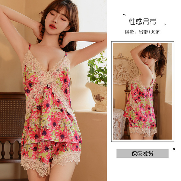 Silky Satin Sexy Lingerie Set - Summer Lace Slip Dress & Pure-Elegance Matching Underwear - Pink tank top + shorts