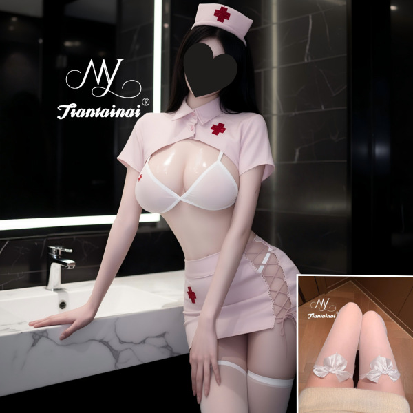 Sexy Nurse Costume Set - Lace Tie-Up Bodycon Skirt & Seductive Sleepwear for Women - Pink suit + white bow stockings