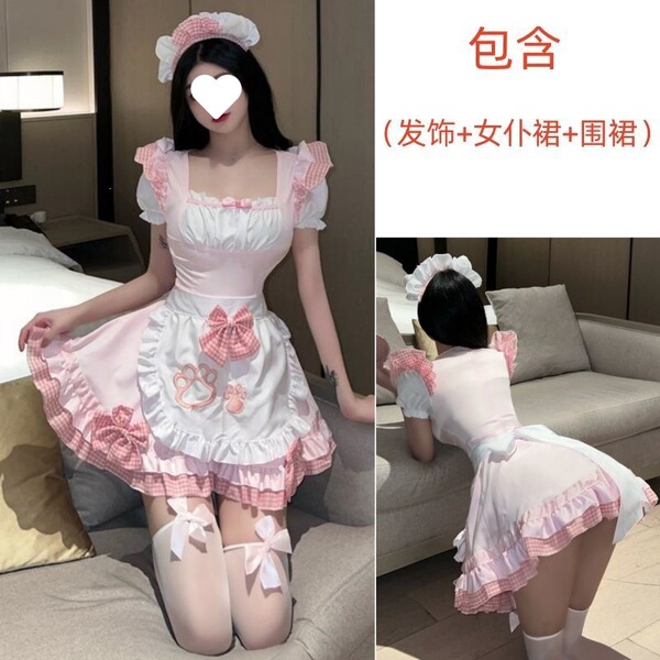 Sexy Maid Costume Lingerie - Cosplay Lolita Pure & Tempting Uniform Sleepwear, Plus Size No-Remove Bedroom Outfit - Pink [hair accessory + maid dress + apron] + white fishnet stockings