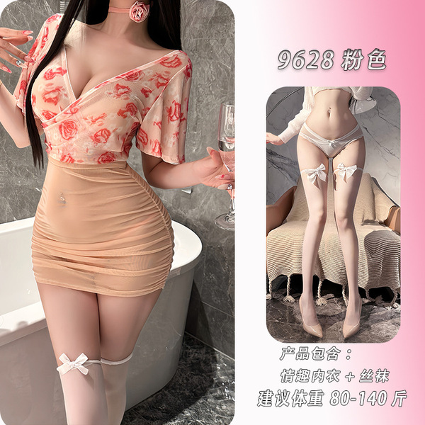 NightSigh NightSigh Sexy Lingerie Set – Sheer Deep V Floral Rose Mesh Bodycon Mini Dress, Pure-Allure Uniform Style - Pink suit + matching bow-tie stockings