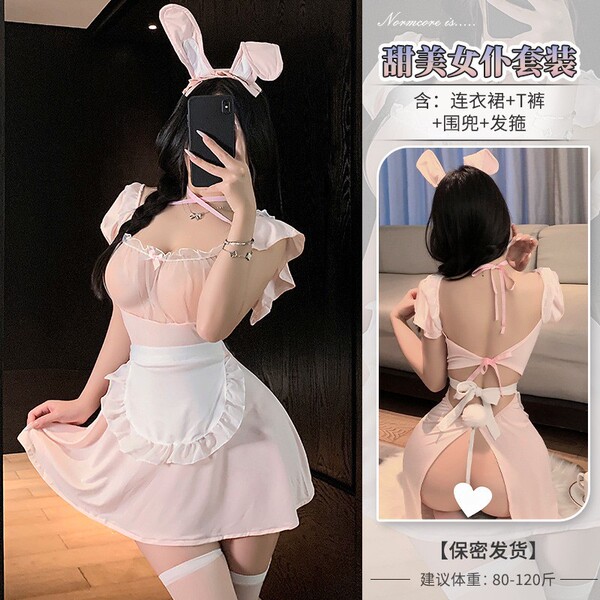 Domeilado Sexy Sheer Lace Bunny Girl Apron Costume - Seductive Role Play Outfit with Underwire Bra - Pink Catwoman Set