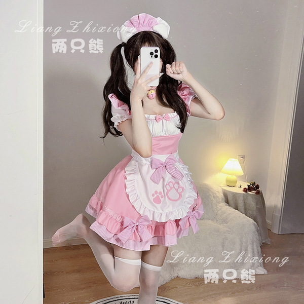 New Kawaii Maid Dress - Sexy Lolita Cosplay Outfit for Women, Cute Anime Servant Costume - Pink cat maid + white socks