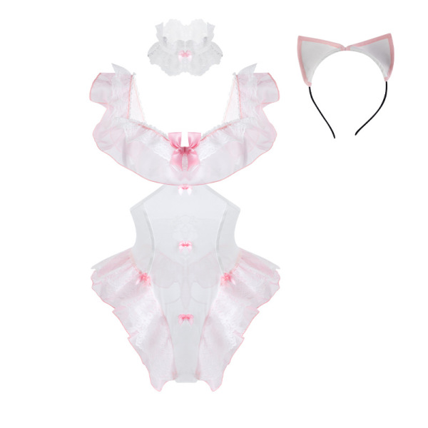 Pink catgirl lingerie set: sheer lace bodysuit with open-crotch design, playful kitten motif, matching headband and choker.