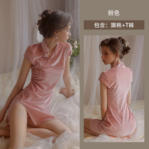 Sexy Lace-Trimmed Cheongsam Sleep Dress with High Slit & Cut-Out Details - Plus Size Temptation Lingerie Set - Pink [Cheongsam + T-shirt]