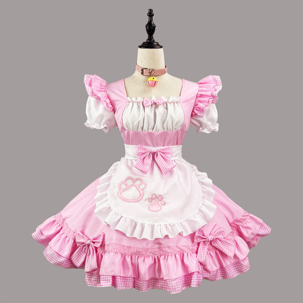 New Cat Girl Maid Costume - Plus Size Japanese Kawaii Cosplay Outfit, Classic Black & White Maid Dress - Pink outfit set + choker