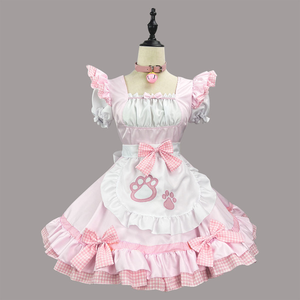 New Cat Girl Maid Costume - Plus Size Japanese Kawaii Cosplay Outfit, Classic Black & White Maid Dress - Light pink outfit set + choker